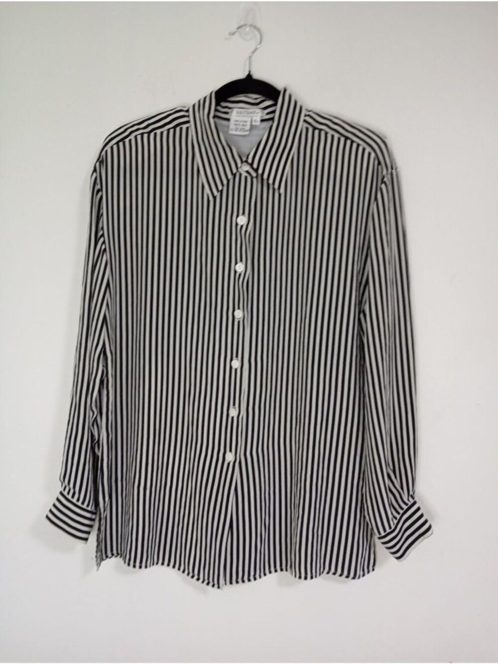 Black & White Striped 100% Silk Button-Up Shirt By SuitsMe Size L Long Sleeve
